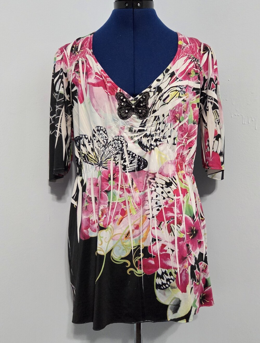 Y2K Floral Butterfly Beaded Top Size S